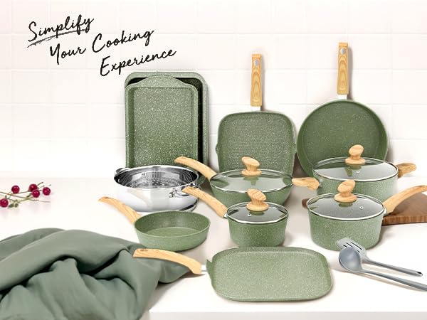 Kitchen Academy 17-tlg. Induktions-Kochgeschirr Set, grün, mit Granitbeschichtung, Glasdeckeln, Töpfen & Pfannen