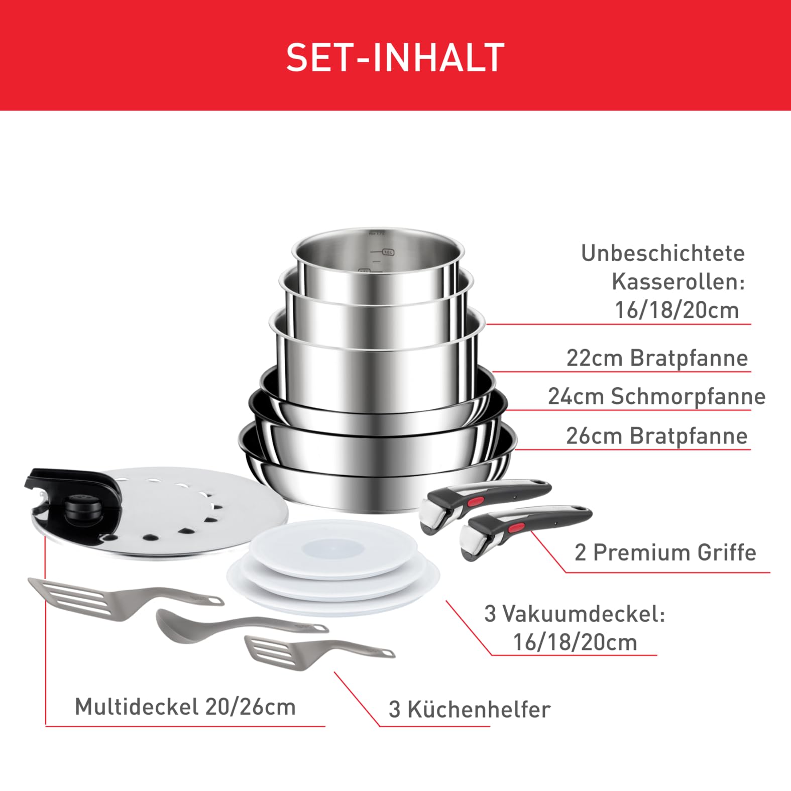 Tefal Ingenio Preference On 15-tlg. Topf- & Pfannenset, abnehmbarer Griff, stapelbar, platzsparend, Induktion, Antihaft, L97495