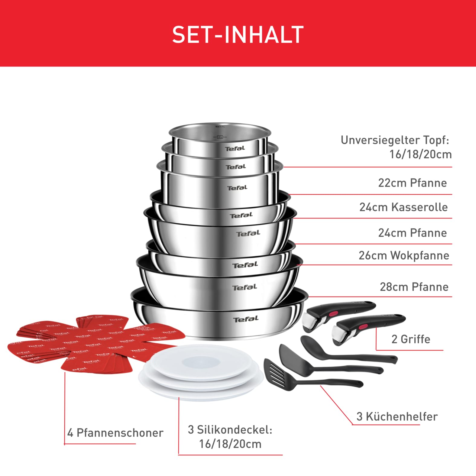 Tefal Ingenio Emotion 20-tlg. Topf- & Pfannenset, abnehmbarer Griff, stapelbar, Induktion, Titanium 2X Antihaft, inkl. Zubehör