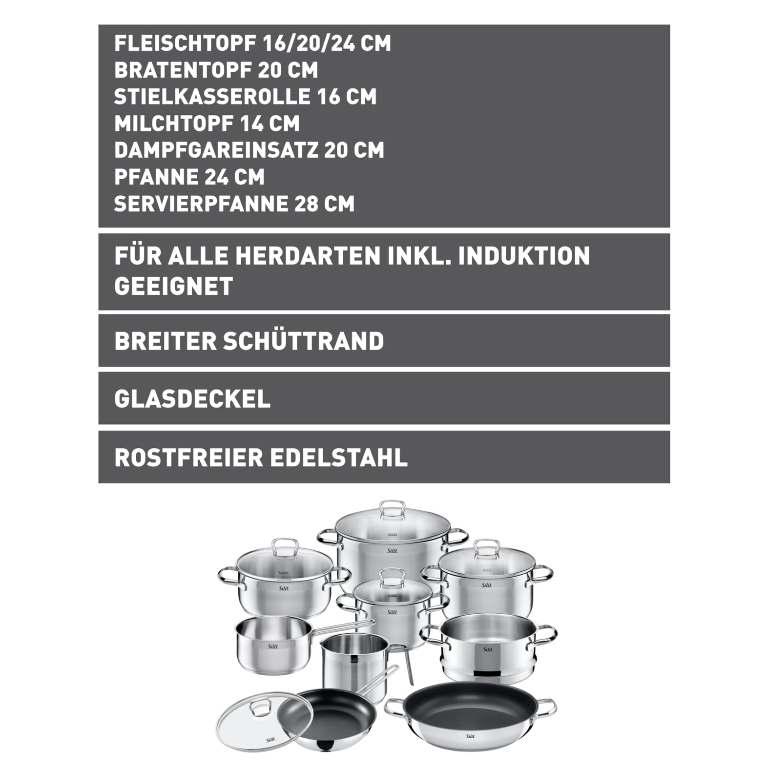 Silit Toskana Topfset 10-tlg., Edelstahl teilmatt, induktionsgeeignet, mit Glasdeckeln, Milchtopf, Dämpfer & Pfanne, unbeschichtet