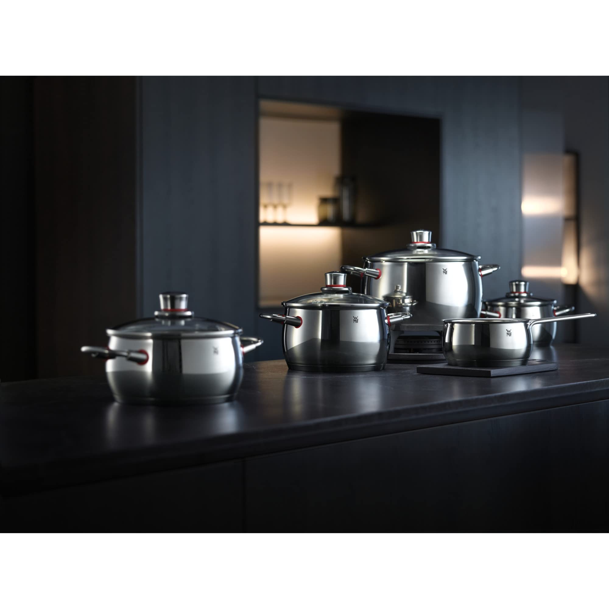WMF Quality One Topfset 5-tlg., Cromargan Edelstahl poliert, Glasdeckel mit Dampföffnung, Induktionsgeeignet, unbeschichtet