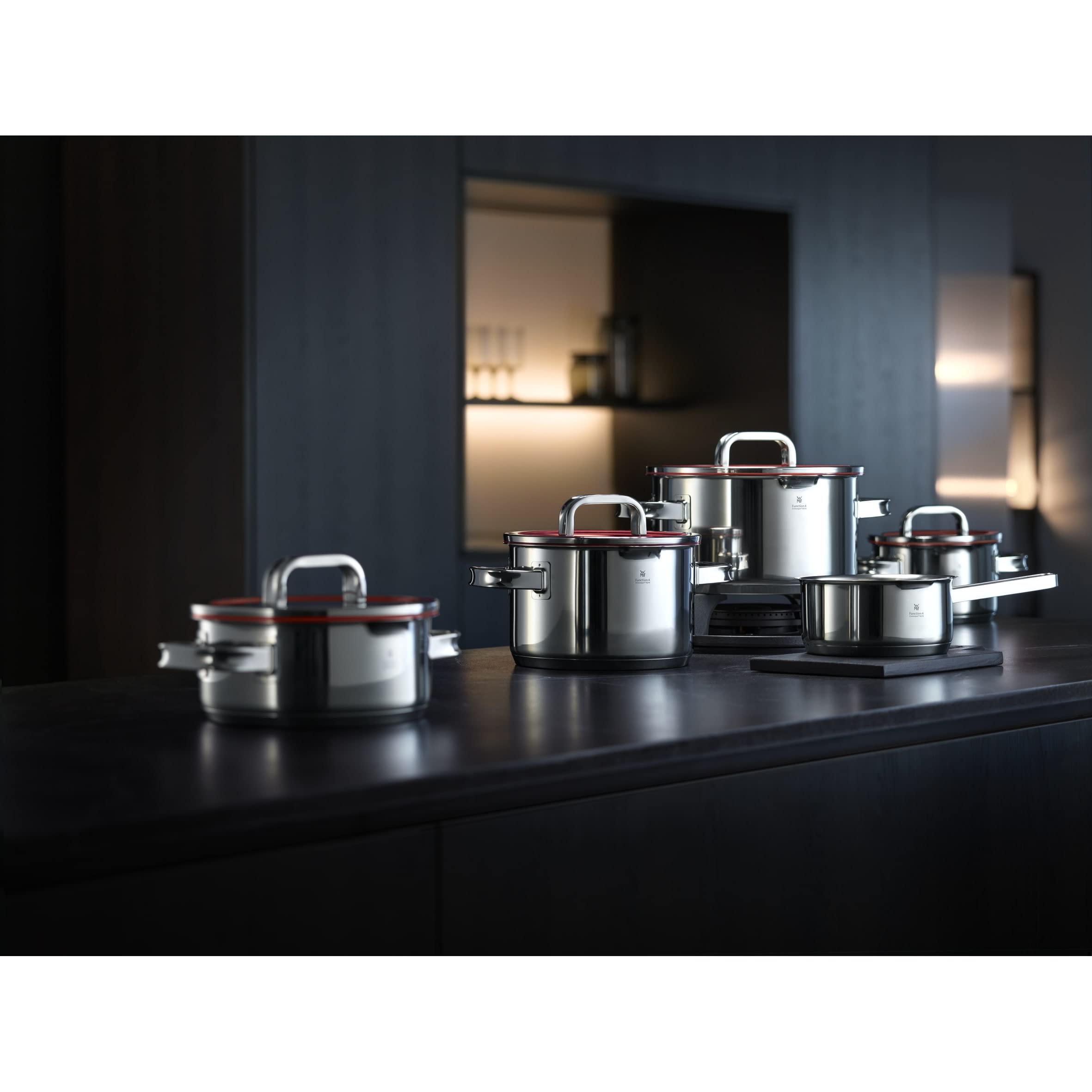 WMF Function 4 Topfset 5-tlg., Induktion, Cromargan Edelstahl poliert, Glasdeckel mit 4 Abgießfunktionen, Innenskalierung
