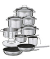 RÖSLE Elegance Topfset 10-tlg., Edelstahl 18/10, 6 Töpfe mit Glasdeckel & Innenskalierung, 2 Pfannen, 1 Dämpfeinsatz, spülmaschinengeeignet