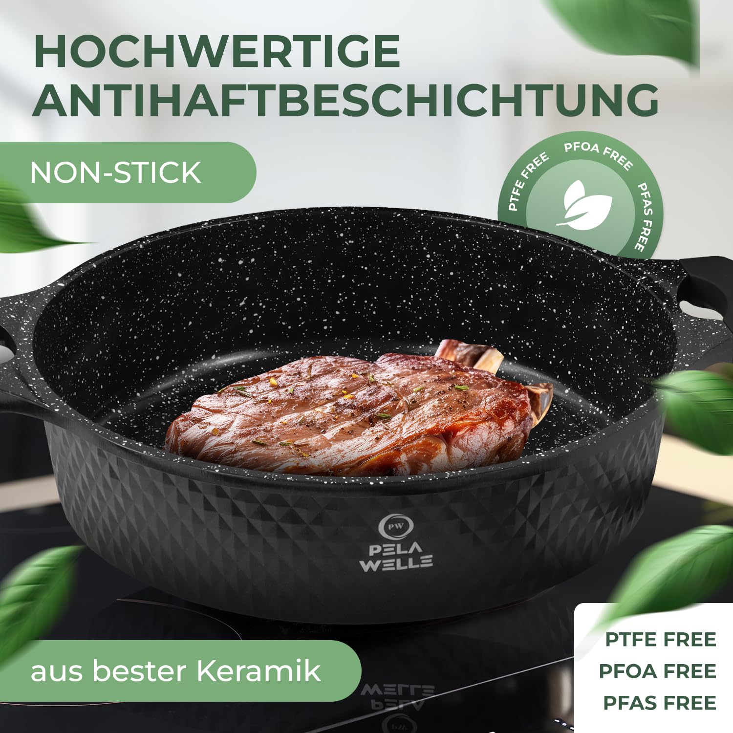 Pela Welle® 15-tlg. Induktions-Topfset, schwarz, Keramik, antihaftbeschichtet, inkl. Küchenhelfer, Töpfe & Kochtöpfe