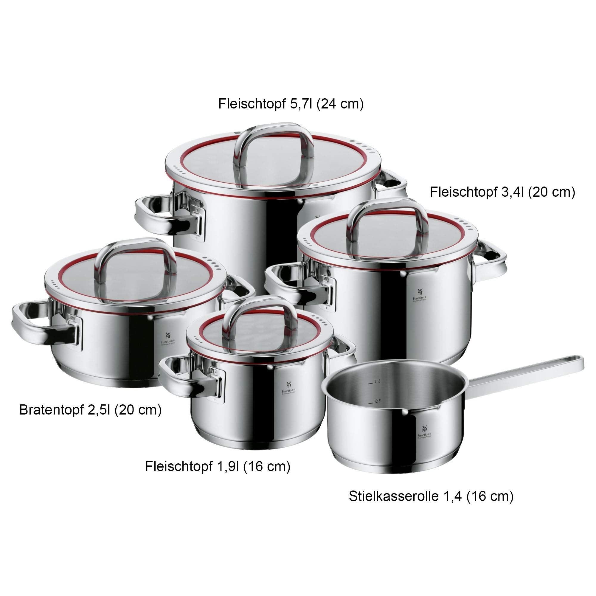 WMF Function 4 Topfset 5-tlg., Induktion, Cromargan Edelstahl poliert, Glasdeckel mit 4 Abgießfunktionen, Innenskalierung