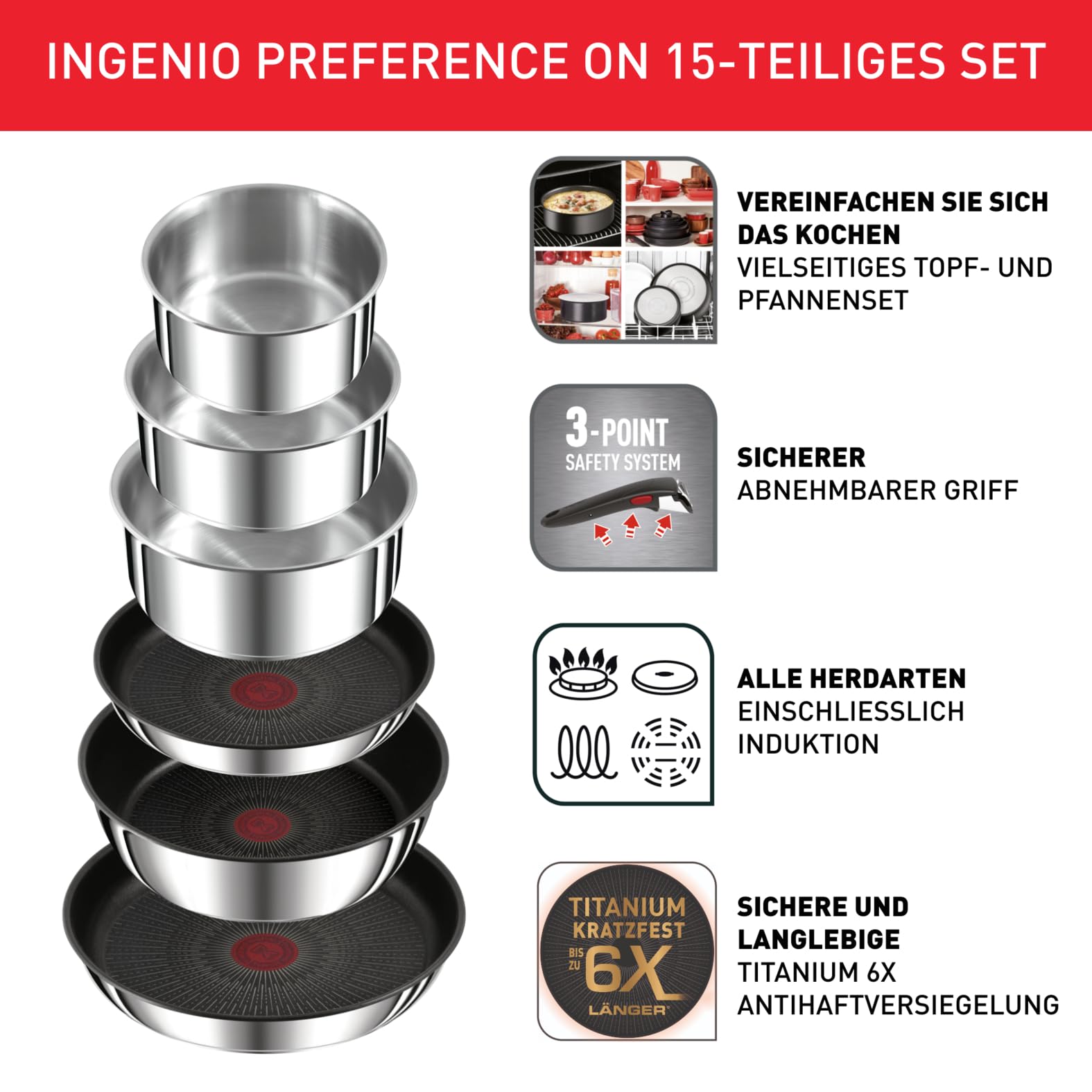 Tefal Ingenio Preference On 15-tlg. Topf- & Pfannenset, abnehmbarer Griff, stapelbar, platzsparend, Induktion, Antihaft, L97495