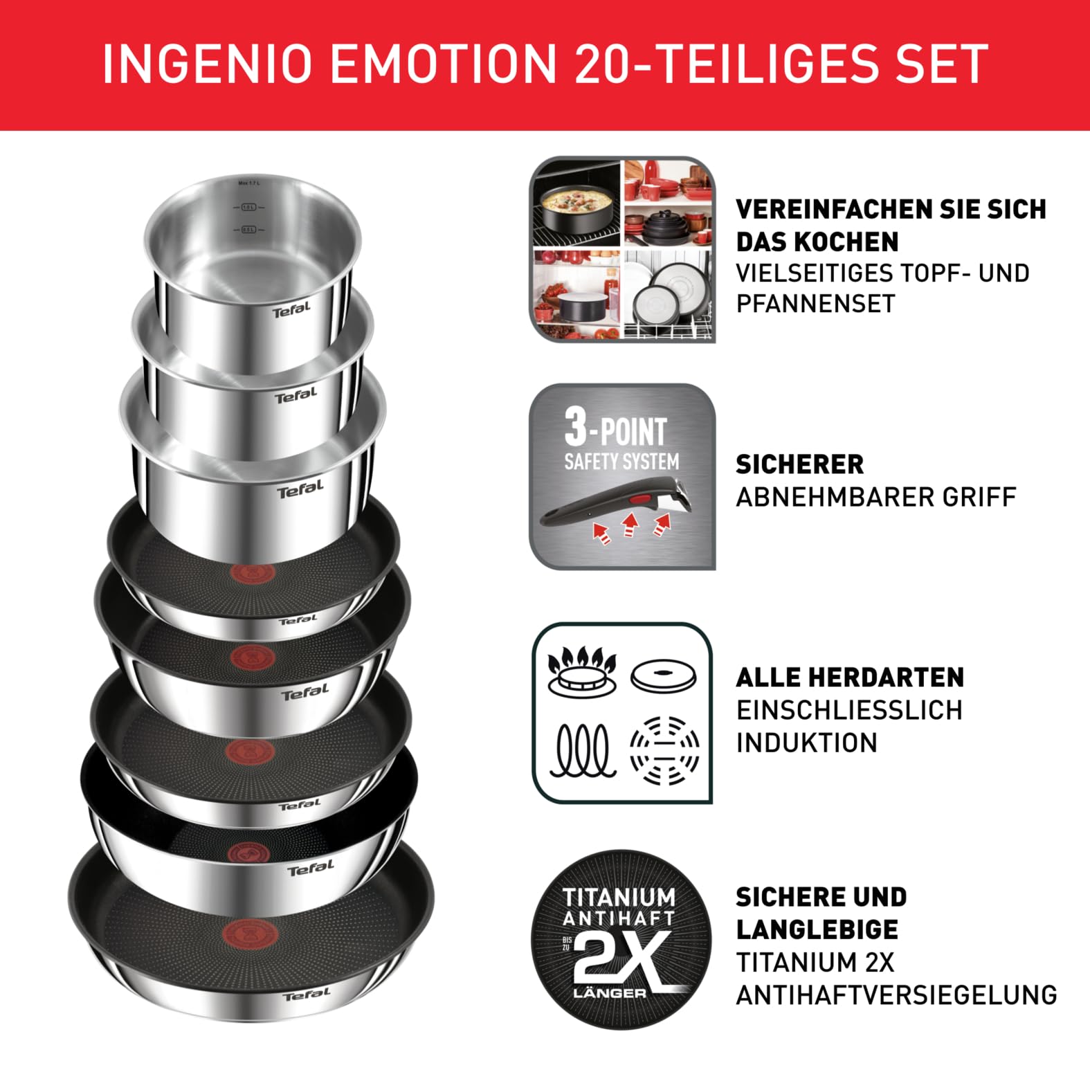 Tefal Ingenio Emotion 20-tlg. Topf- & Pfannenset, abnehmbarer Griff, stapelbar, Induktion, Titanium 2X Antihaft, inkl. Zubehör