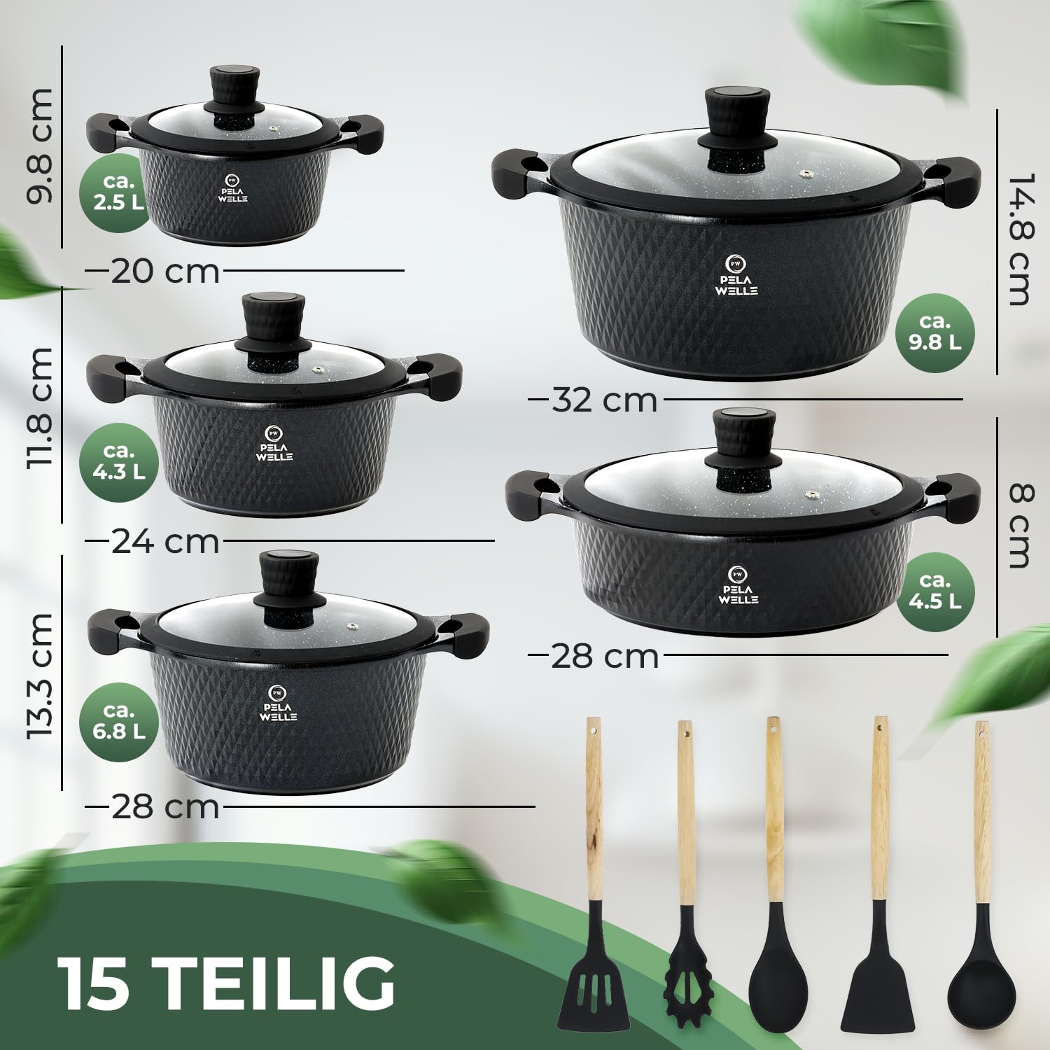 Pela Welle® 15-tlg. Induktions-Topfset, schwarz, Keramik, antihaftbeschichtet, inkl. Küchenhelfer, Töpfe & Kochtöpfe
