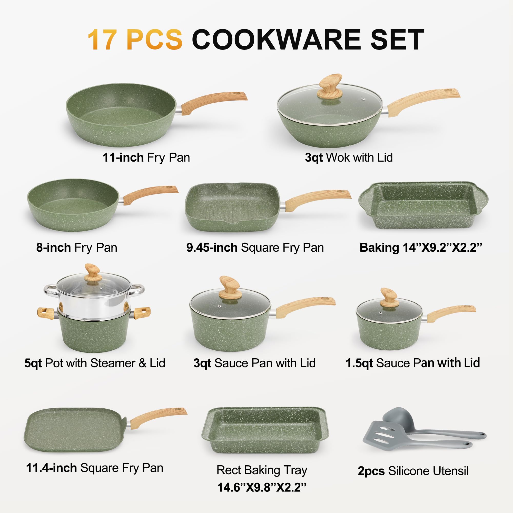 Kitchen Academy 17-tlg. Induktions-Kochgeschirr Set, grün, mit Granitbeschichtung, Glasdeckeln, Töpfen & Pfannen
