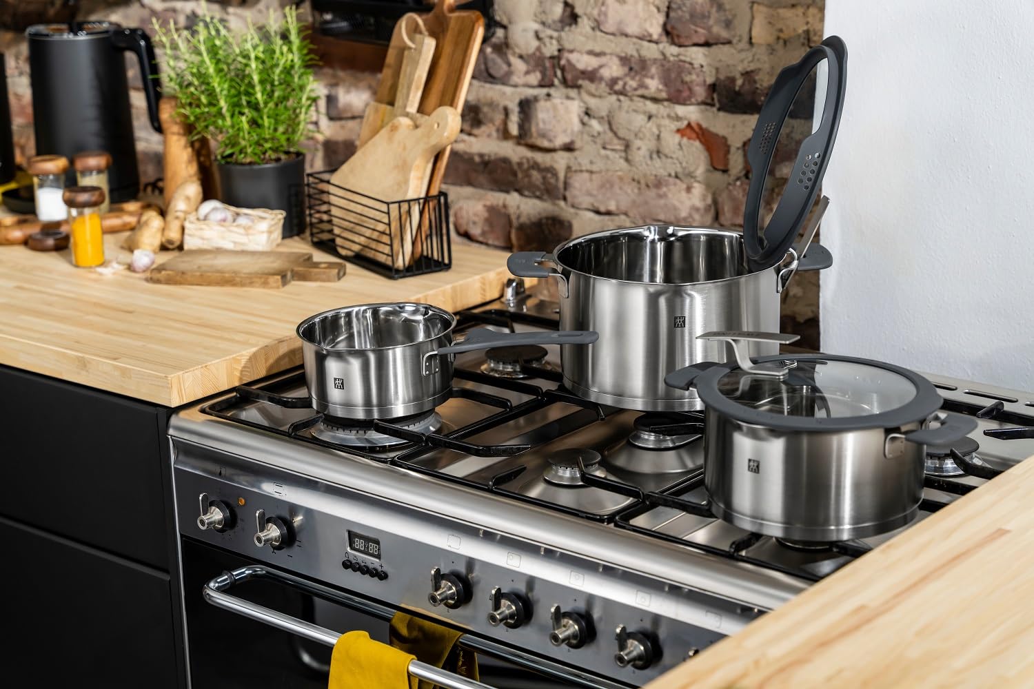 ZWILLING Simplify Kochtopfset 5-tlg., Edelstahl, Glasdeckel mit integriertem Sieb, Induktionsgeeignet, Silber-Schwarz
