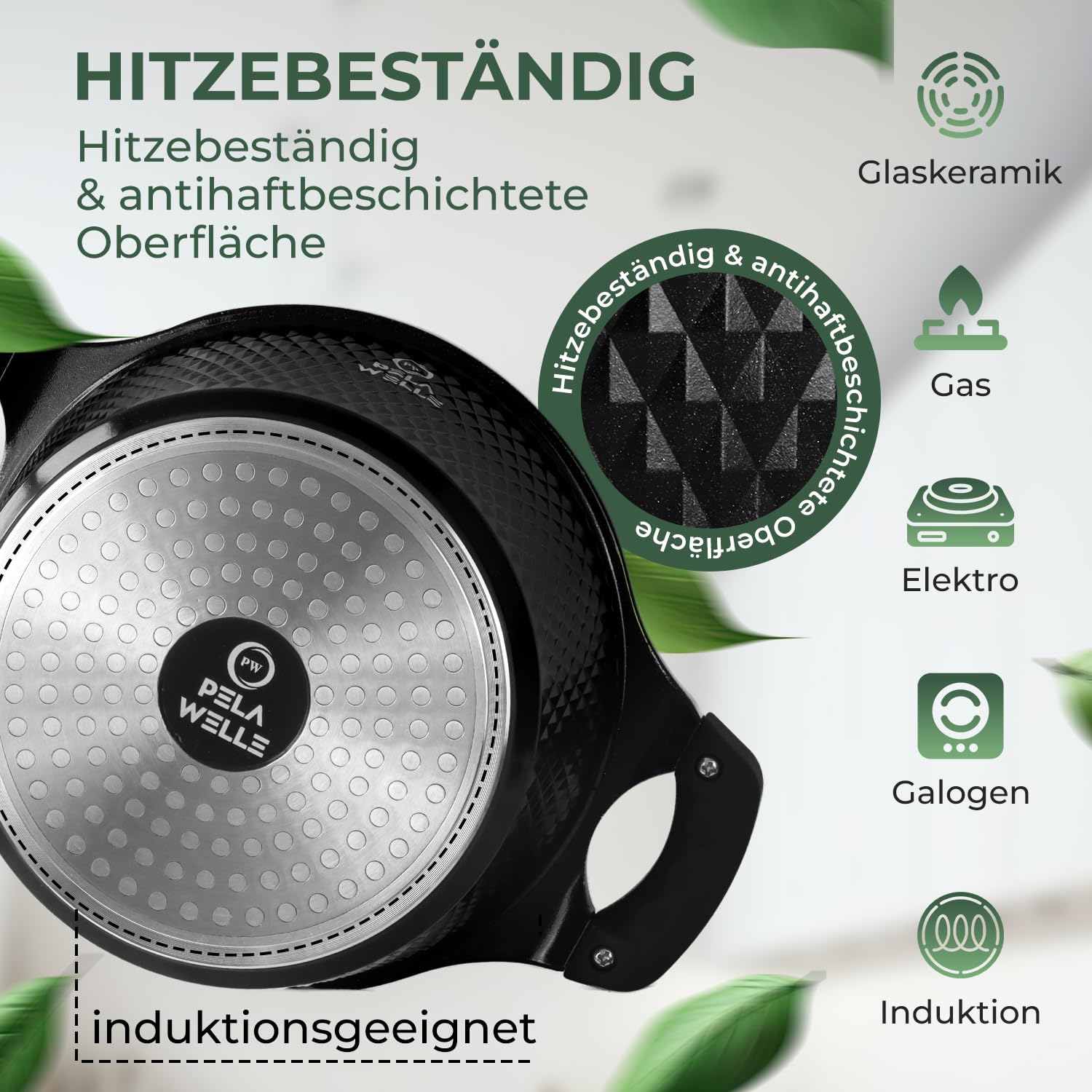 Pela Welle® 15-tlg. Induktions-Topfset, schwarz, Keramik, antihaftbeschichtet, inkl. Küchenhelfer, Töpfe & Kochtöpfe