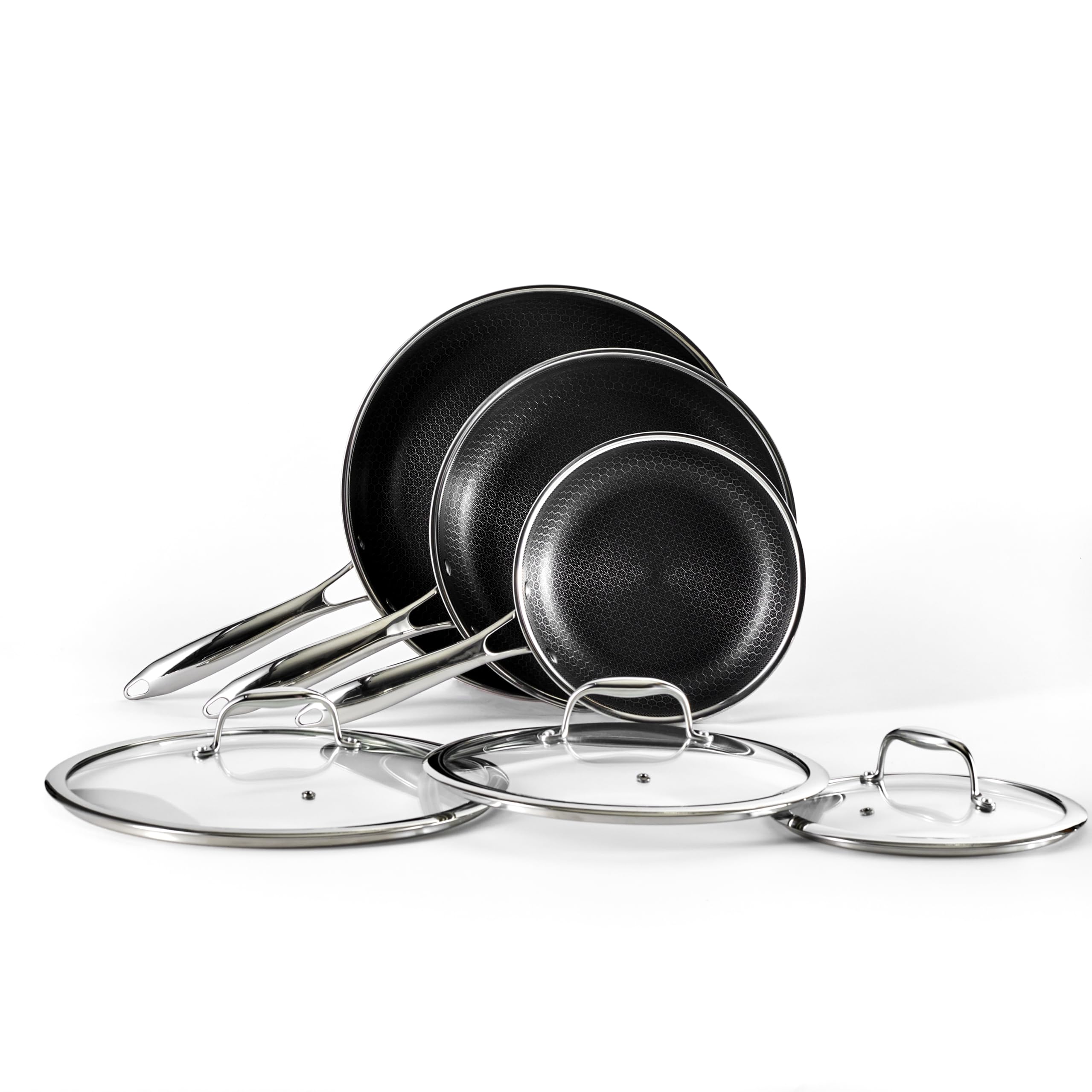 HexClad 7-tlg. Hybrid-Edelstahl Kochgeschirr-Set mit Deckel & Wok, Antihaft, Metallbesteck- & spülmaschinenfest, induktionsgeeignet